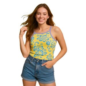 Lands End Vintage High Square Neck Tankini Swim Top Yellow 12 Kidcore 90’s Retro